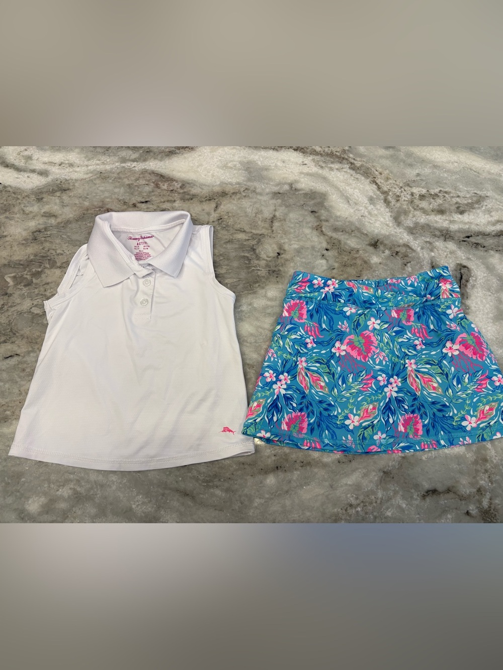 Toddler Girl Tommy Bahama White Sleeveless Polo & Blue Floral Skort Set 3t